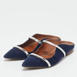 Pre Owned Malone Souliers Navy Blue/Silver Velvet and Leather Maureen Flat Mules Size 37