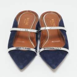 Pre Owned Malone Souliers Navy Blue/Silver Velvet and Leather Maureen Flat Mules Size 37