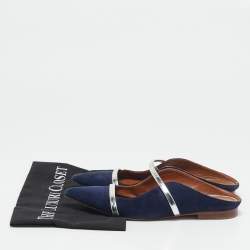 Pre Owned Malone Souliers Navy Blue/Silver Velvet and Leather Maureen Flat Mules Size 37