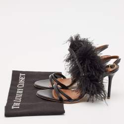 Pre Owned Malone Souliers Black Leather Sonia Feather Slide Sandals Size 37