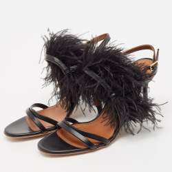 Pre Owned Malone Souliers Black Leather Sonia Feather Slide Sandals Size 37