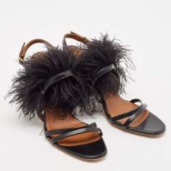 Pre Owned Malone Souliers Black Leather Sonia Feather Slide Sandals Size 37
