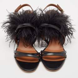 Pre Owned Malone Souliers Black Leather Sonia Feather Slide Sandals Size 37