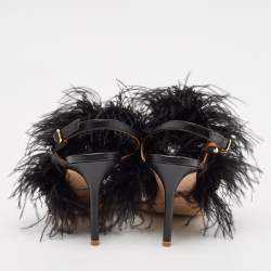 Pre Owned Malone Souliers Black Leather Sonia Feather Slide Sandals Size 37