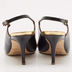 Pre Owned Malone Souliers Black/Gold Leather Karlie Slingback Pumps Size 38.5