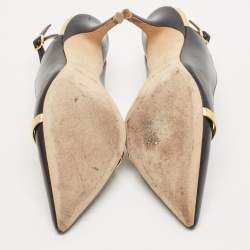 Pre Owned Malone Souliers Black/Gold Leather Karlie Slingback Pumps Size 38.5