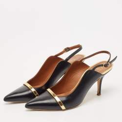 Pre Owned Malone Souliers Black/Gold Leather Karlie Slingback Pumps Size 38.5