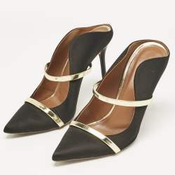 Malone Souliers Black/Gold Satin and Leather Maureen Flat Mules Size 38