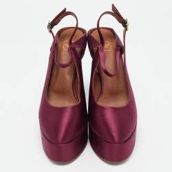 Pre Owned Malone Souliers Burgundy Satin Platform Ankle Strap Pumps Size 40