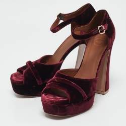 Pre Owned Malone Souliers Burgundy Velvet Yuri Ankle Strap Sandals Size 39