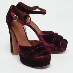 Pre Owned Malone Souliers Burgundy Velvet Yuri Ankle Strap Sandals Size 39