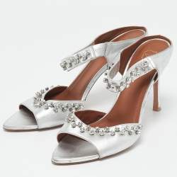 Pre Owned Malone Souliers Silver Leather Tala Crystal Embellished Sandals Size 41