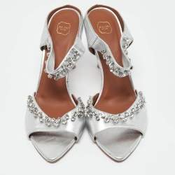 Pre Owned Malone Souliers Silver Leather Tala Crystal Embellished Sandals Size 41