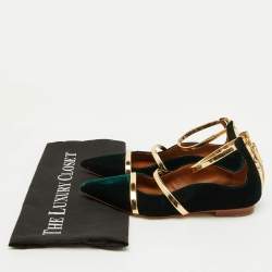 Pre Owned Malone Souliers Dark Green/Gold Velvet and Leather Robyn Ballet Flats Size 35