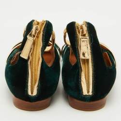 Pre Owned Malone Souliers Dark Green/Gold Velvet and Leather Robyn Ballet Flats Size 35