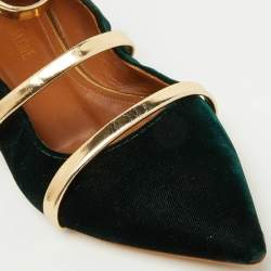 Pre Owned Malone Souliers Dark Green/Gold Velvet and Leather Robyn Ballet Flats Size 35