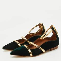 Pre Owned Malone Souliers Dark Green/Gold Velvet and Leather Robyn Ballet Flats Size 35