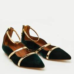 Pre Owned Malone Souliers Dark Green/Gold Velvet and Leather Robyn Ballet Flats Size 35