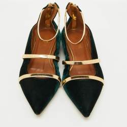 Pre Owned Malone Souliers Dark Green/Gold Velvet and Leather Robyn Ballet Flats Size 35