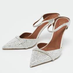 Pre Owned Malone Souliers White Satin Crystal Embellished Ankle Strap Pumps Size 40
