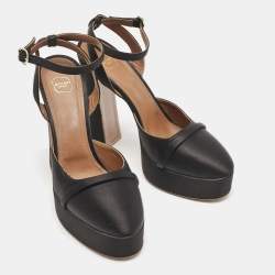 Malone Souliers Black Satin Mora Ankle Strap Platform Pumps Size 40