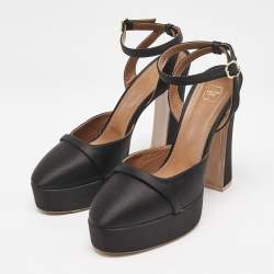 Malone Souliers Black Satin Mora Ankle Strap Platform Pumps Size 40