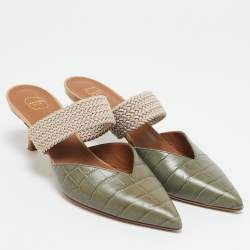 Malone Souliers Army Green Croc Embossed Leather Maisie Mules Size 37