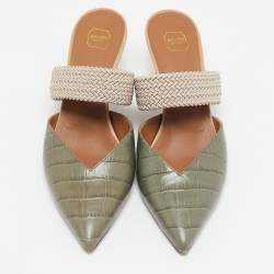 Malone Souliers Army Green Croc Embossed Leather Maisie Mules Size 37