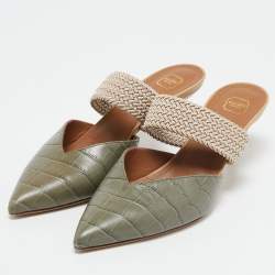 Malone Souliers Army Green Croc Embossed Leather Maisie Mules Size 37