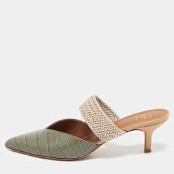 Malone Souliers Army Green Croc Embossed Leather Maisie Mules Size 37