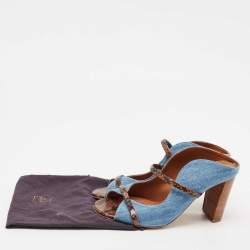 Pre Owned Malone Souliers Blue/Brown Denim and Python Embossed Leather Maureen Mules Size 37