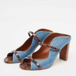 Pre Owned Malone Souliers Blue/Brown Denim and Python Embossed Leather Maureen Mules Size 37