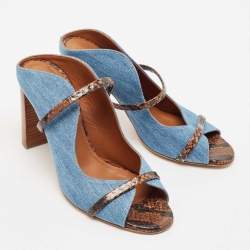 Pre Owned Malone Souliers Blue/Brown Denim and Python Embossed Leather Maureen Mules Size 37