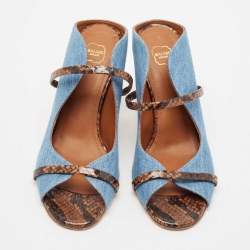 Pre Owned Malone Souliers Blue/Brown Denim and Python Embossed Leather Maureen Mules Size 37