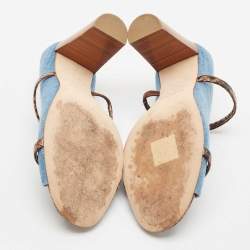 Pre Owned Malone Souliers Blue/Brown Denim and Python Embossed Leather Maureen Mules Size 37