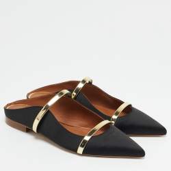 Pre Owned Malone Souliers Black/Gold Satin and Leather Maureen Flats Size 39