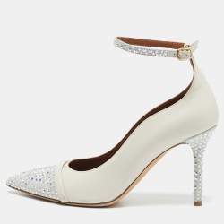 Malone Souliers White Leather and Suede Crystal Embellished Pumps Size 37