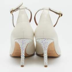 Malone Souliers White Leather and Suede Crystal Embellished Pumps Size 37