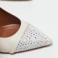 Malone Souliers White Leather and Suede Crystal Embellished Pumps Size 37