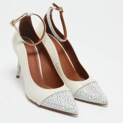 Malone Souliers White Leather and Suede Crystal Embellished Pumps Size 37