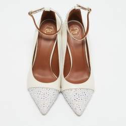 Malone Souliers White Leather and Suede Crystal Embellished Pumps Size 37