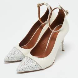 Malone Souliers White Leather and Suede Crystal Embellished Pumps Size 37