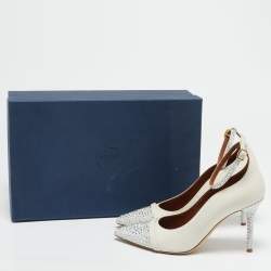 Malone Souliers White Leather and Suede Crystal Embellished Pumps Size 37