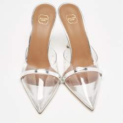 Malone Souliers Silver Patent Leather and PVC Joella Heel Mules Size 37.5