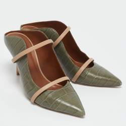 Malone Souliers Army Green/Beige Croc Embossed Leather Maureen Mules Size 40.5
