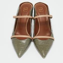 Malone Souliers Army Green/Beige Croc Embossed Leather Maureen Mules Size 40.5