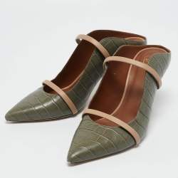 Malone Souliers Army Green/Beige Croc Embossed Leather Maureen Mules Size 40.5