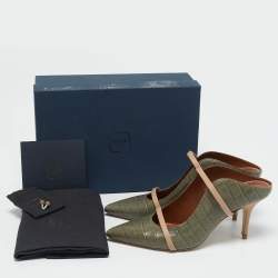 Malone Souliers Army Green/Beige Croc Embossed Leather Maureen Mules Size 40.5