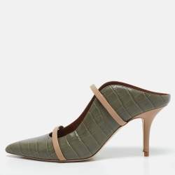 Malone Souliers Army Green/Beige Croc Embossed Leather Maureen Mules Size 40.5