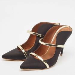 Malone Souliers Black/Gold Satin and Leather Maureen Mules Size 38.5